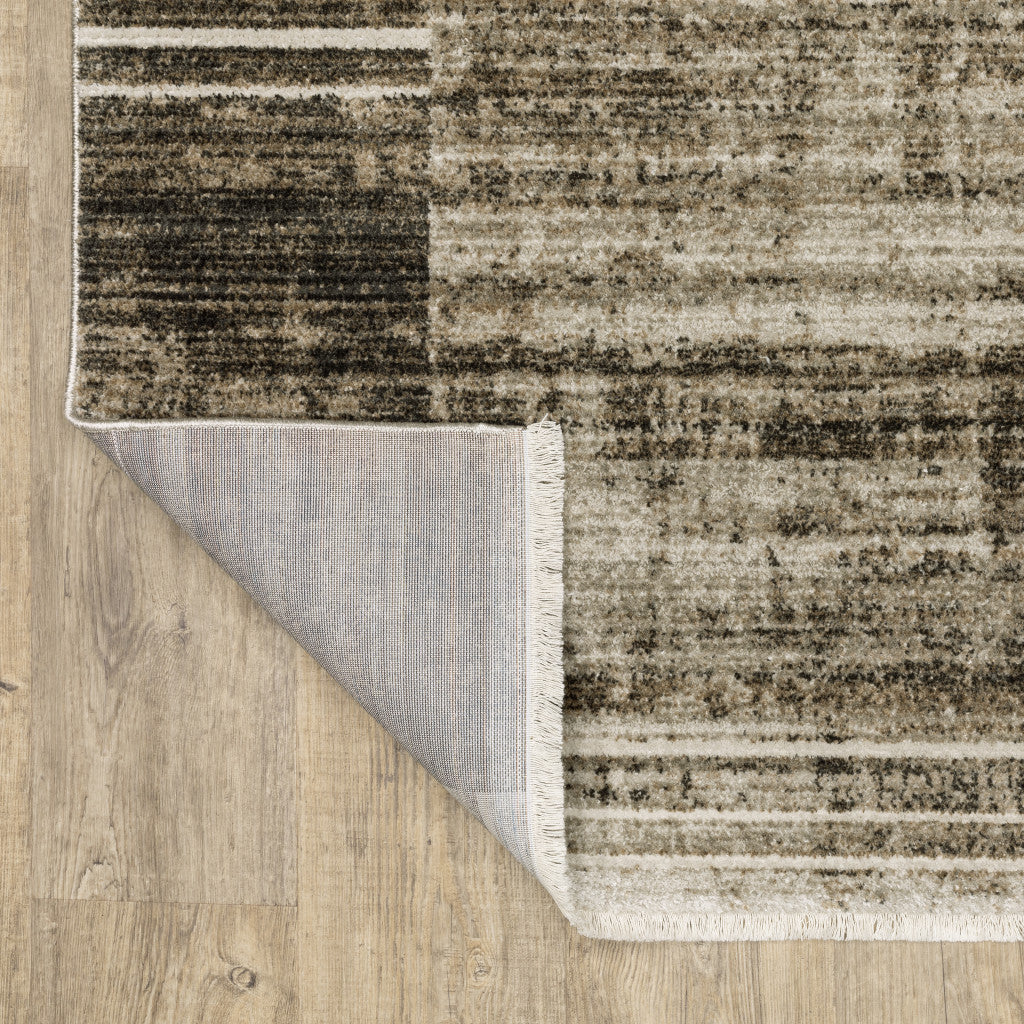 10 x 13 Beige Charcoal Brown Grey Tan Gold & Blue Geometric Power Loom Stain Resistant Rug With Fringe