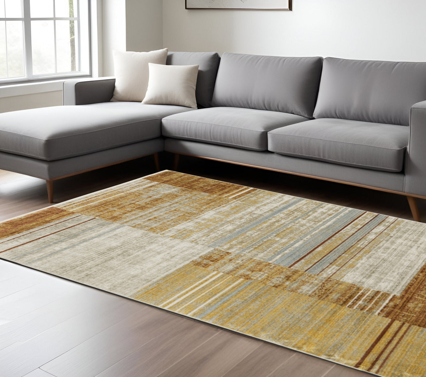 10 x 13 Rust Gold Blue Grey Ivory & Tan Geometric Power Loom Stain Resistant Rug With Fringe