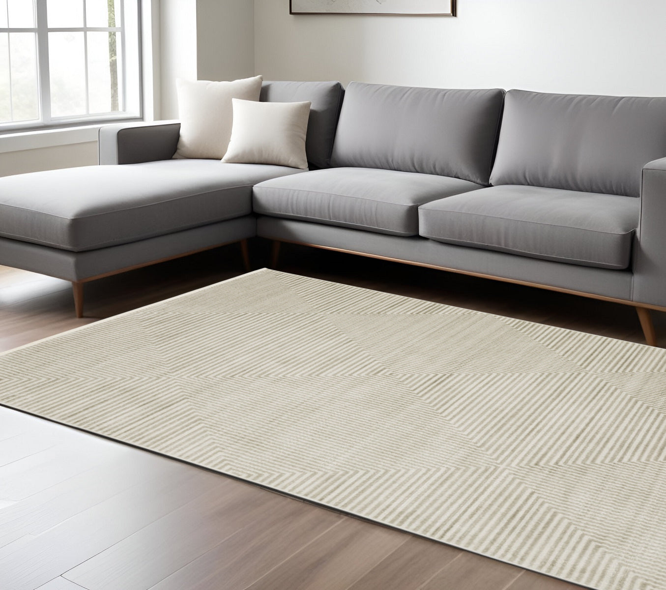 10 x 13 Ivory Beige Taupe & Tan Geometric Power Loom Stain Resistant Rug With Fringe