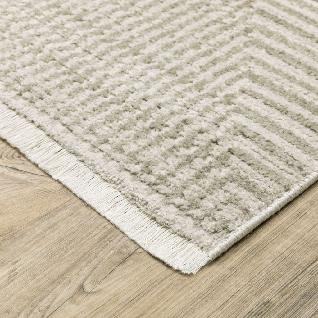 10 x 13 Ivory Beige Taupe & Tan Geometric Power Loom Stain Resistant Rug With Fringe