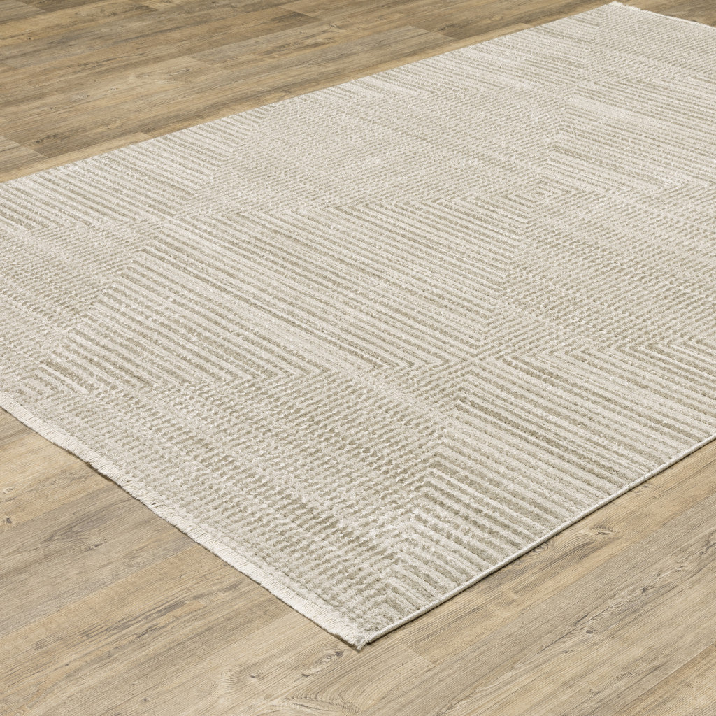 10 x 13 Ivory Beige Taupe & Tan Geometric Power Loom Stain Resistant Rug With Fringe