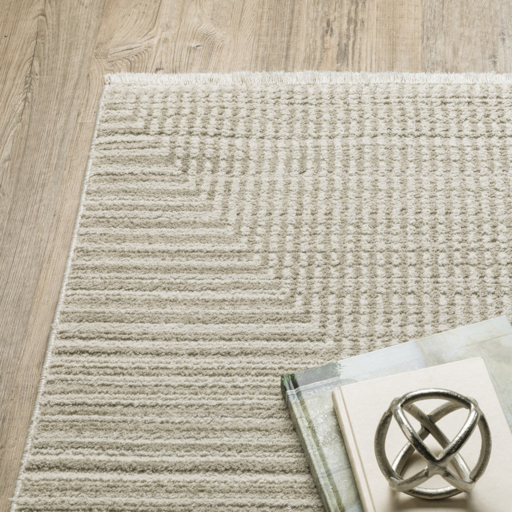 10 x 13 Ivory Beige Taupe & Tan Geometric Power Loom Stain Resistant Rug With Fringe