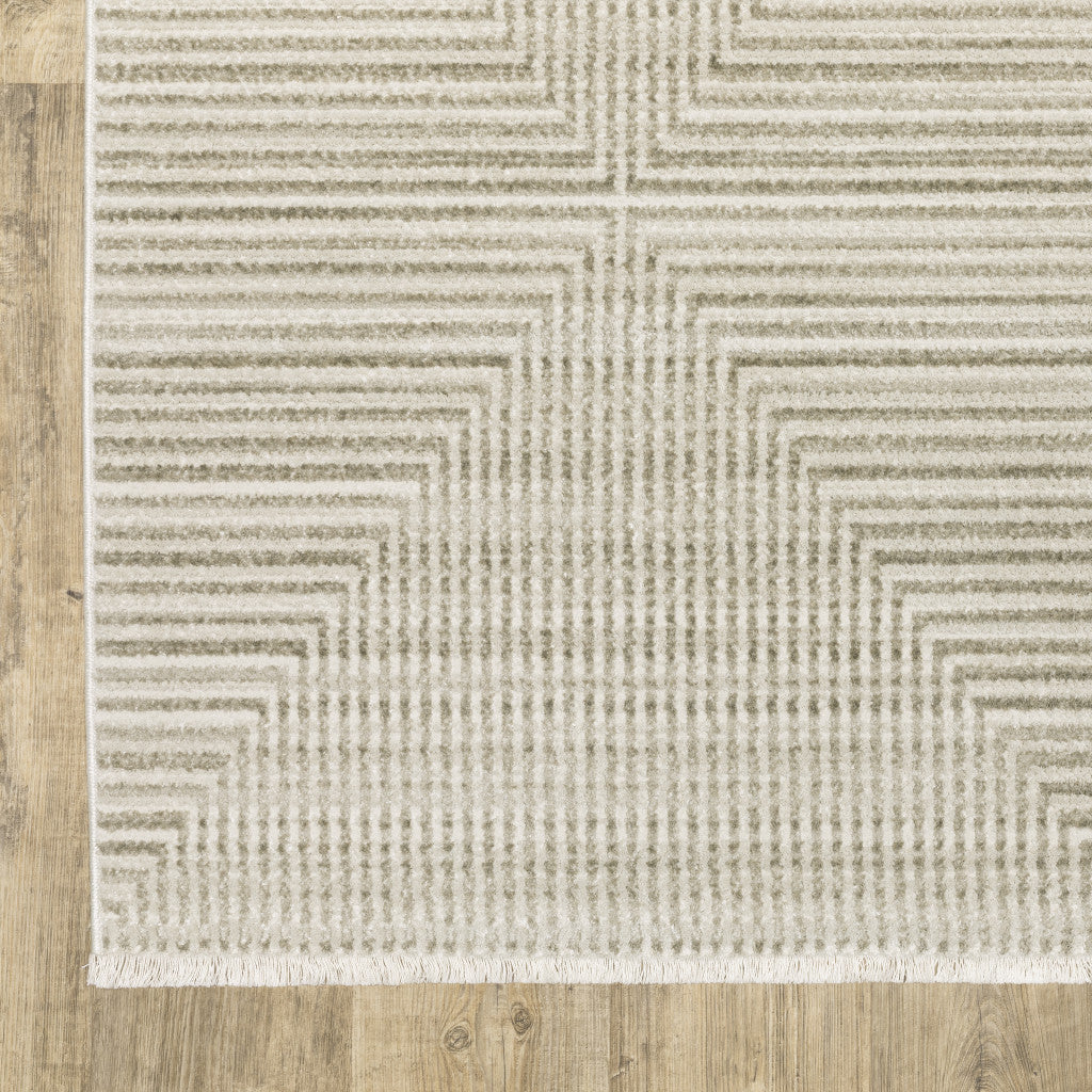 10 x 13 Ivory Beige Taupe & Tan Geometric Power Loom Stain Resistant Rug With Fringe