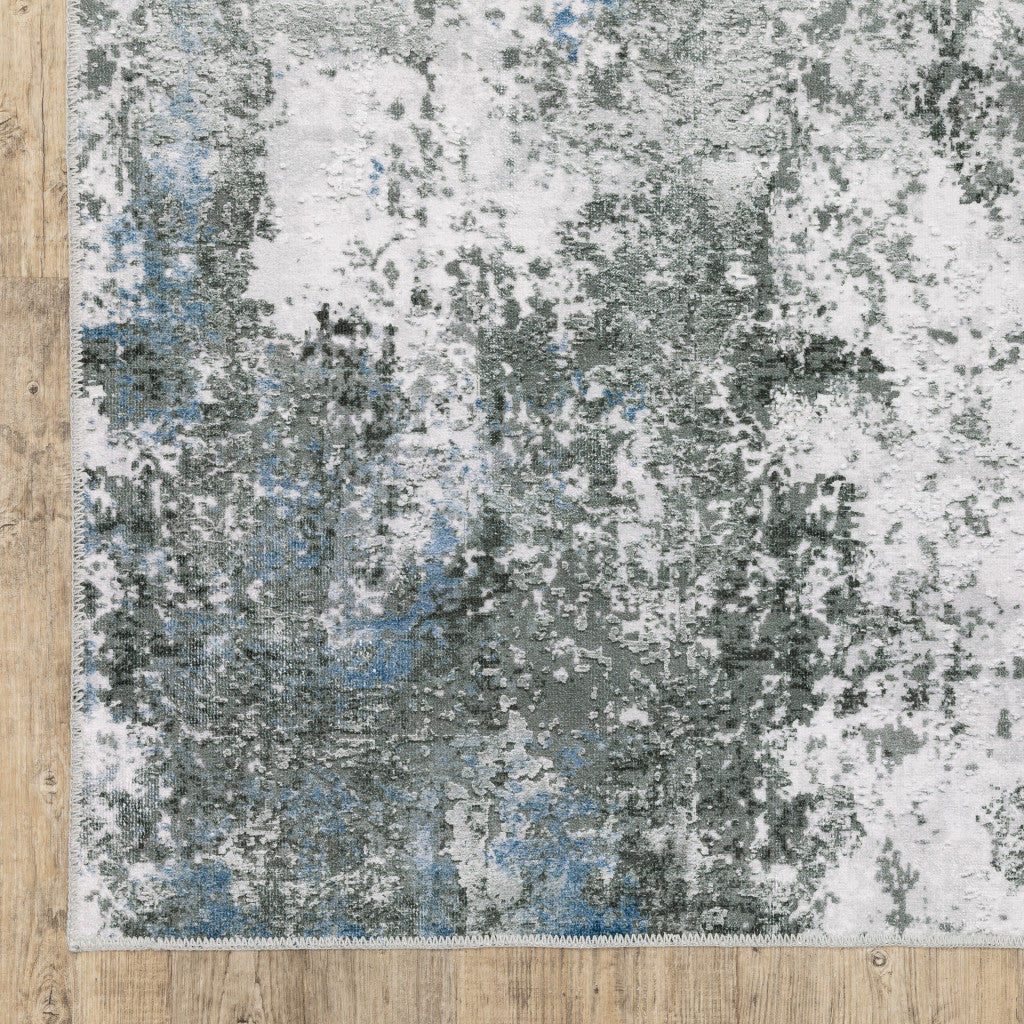 8 x 10 Silver Grey Charcoal & Light Blue Printed Stain Resistant Non Skid Rug