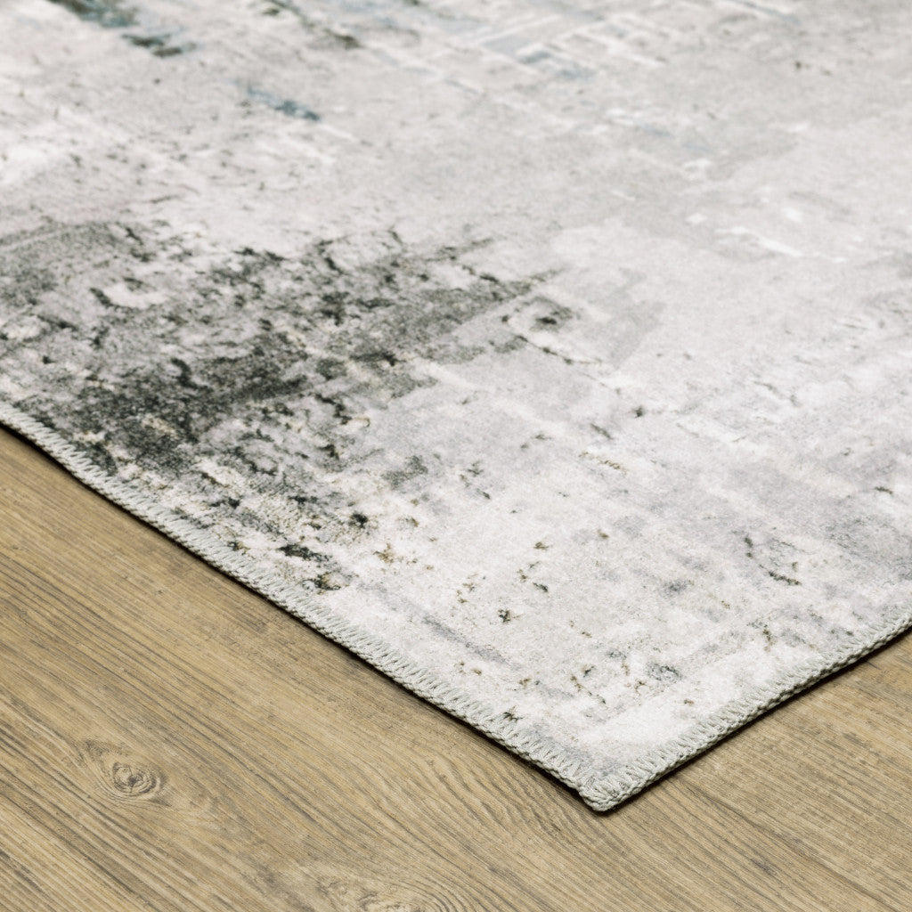 8 x 10 Silver Grey Teal Blue & Charcoal Printed Stain Resistant Non Skid Rug
