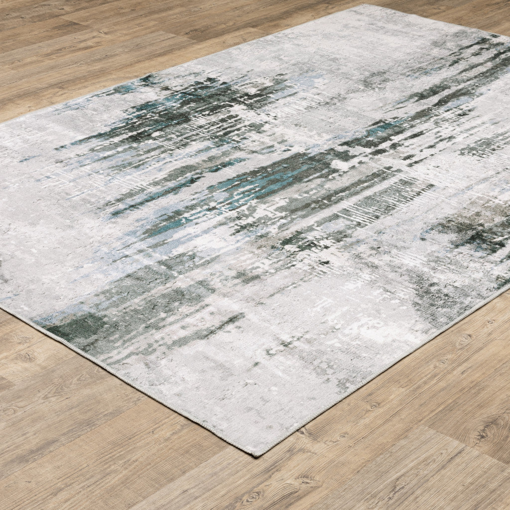 8 x 10 Silver Grey Teal Blue & Charcoal Printed Stain Resistant Non Skid Rug