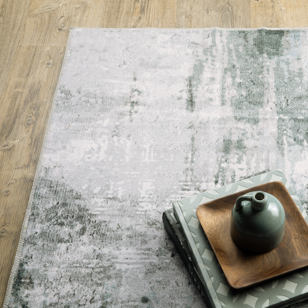 8 x 10 Silver Grey Teal Blue & Charcoal Printed Stain Resistant Non Skid Rug
