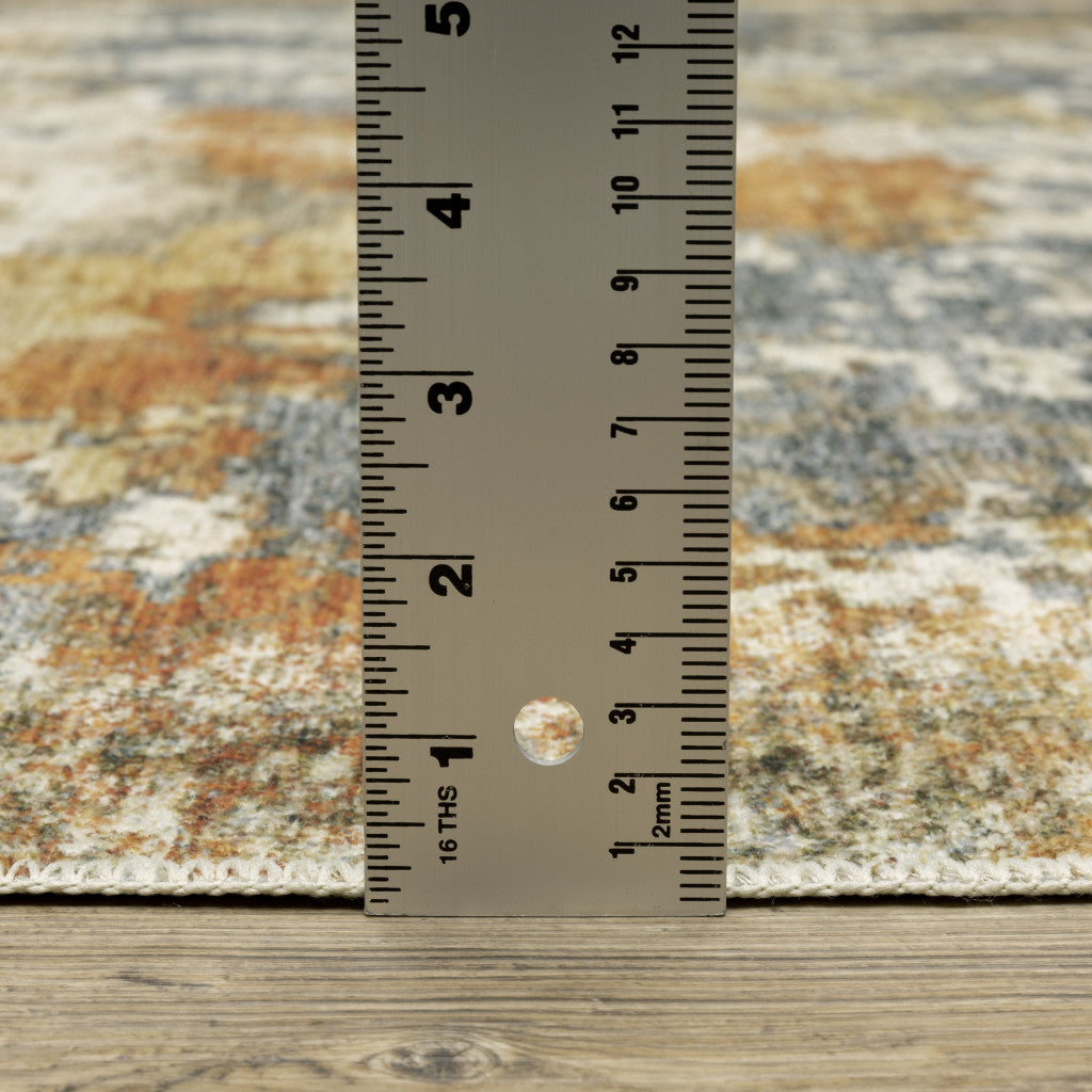 8 x 10 Teal Blue Orange Gold Grey Tan Brown & Beige Printed Stain Resistant Non Skid Rug