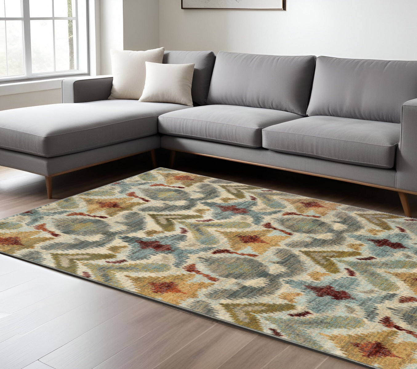 10 x 13 Ivory Grey Rust Gold & Blue Power Loom Stain Resistant Rug