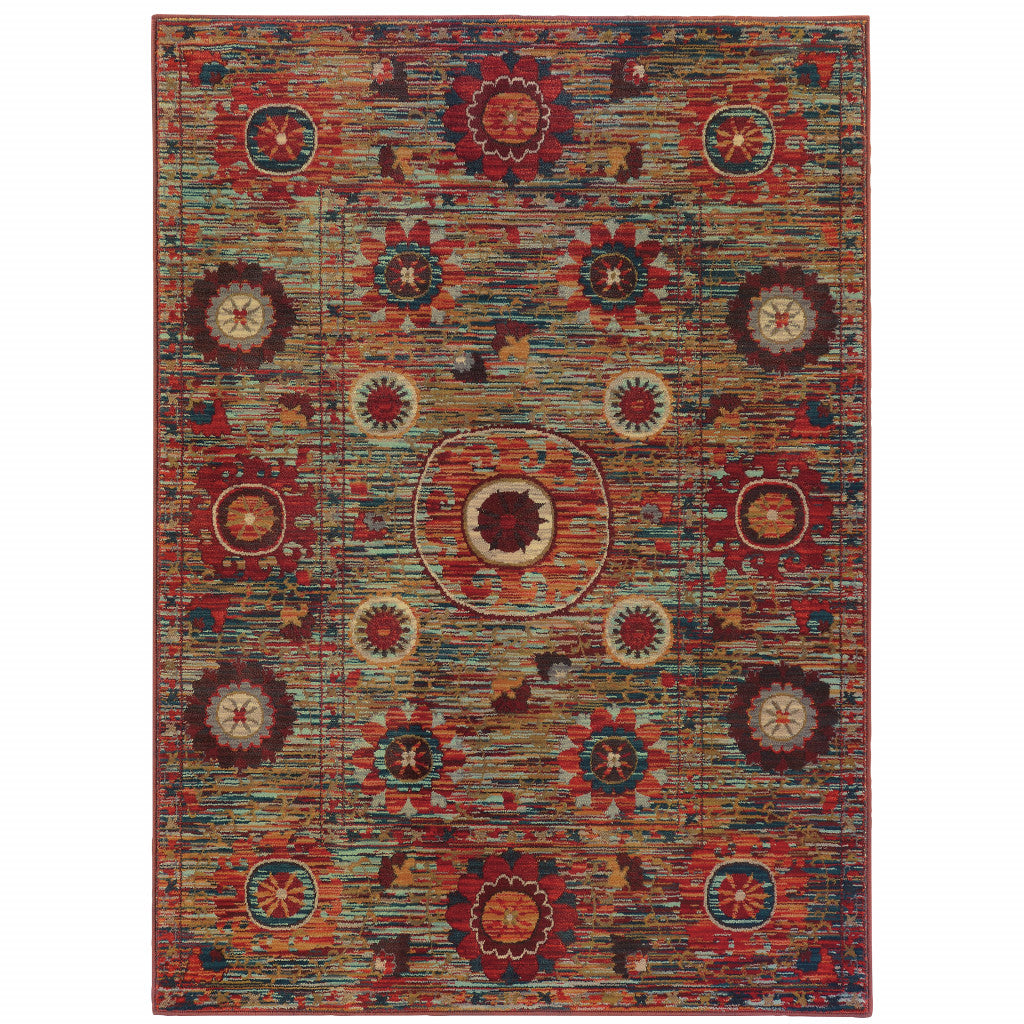 10 x 13 Red Gold Orange Green Ivory Rust & Blue Floral Power Loom Stain Resistant Rug