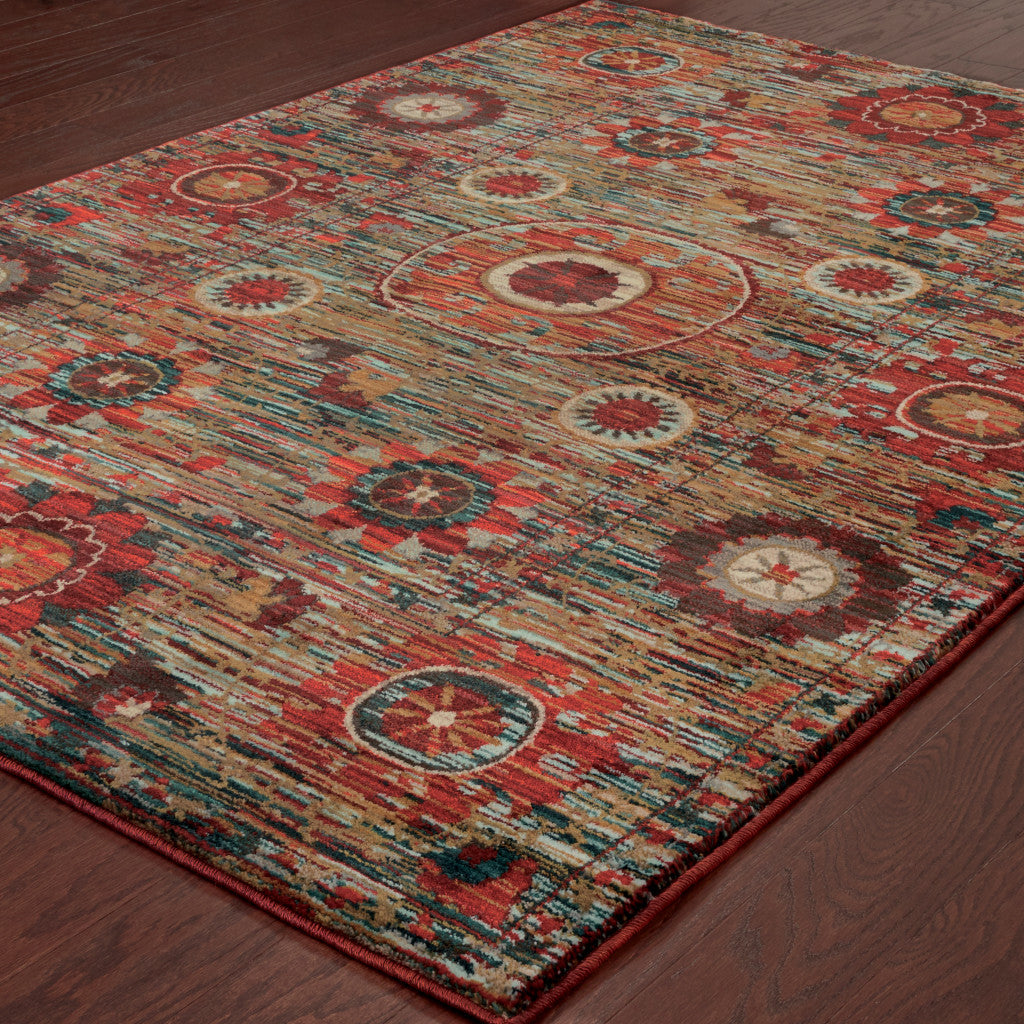 10 x 13 Red Gold Orange Green Ivory Rust & Blue Floral Power Loom Stain Resistant Rug