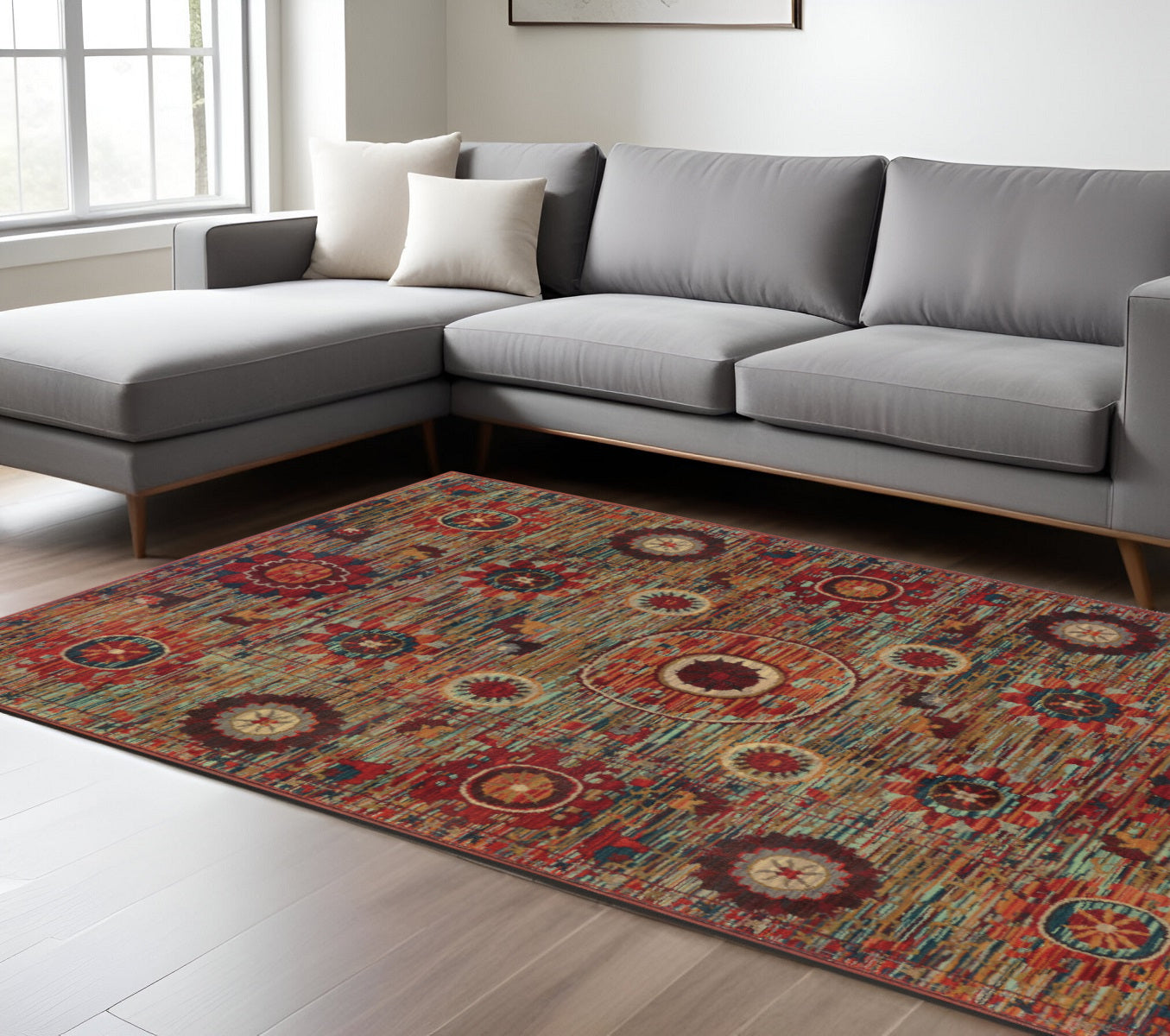10 x 13 Red Gold Orange Green Ivory Rust & Blue Floral Power Loom Stain Resistant Rug