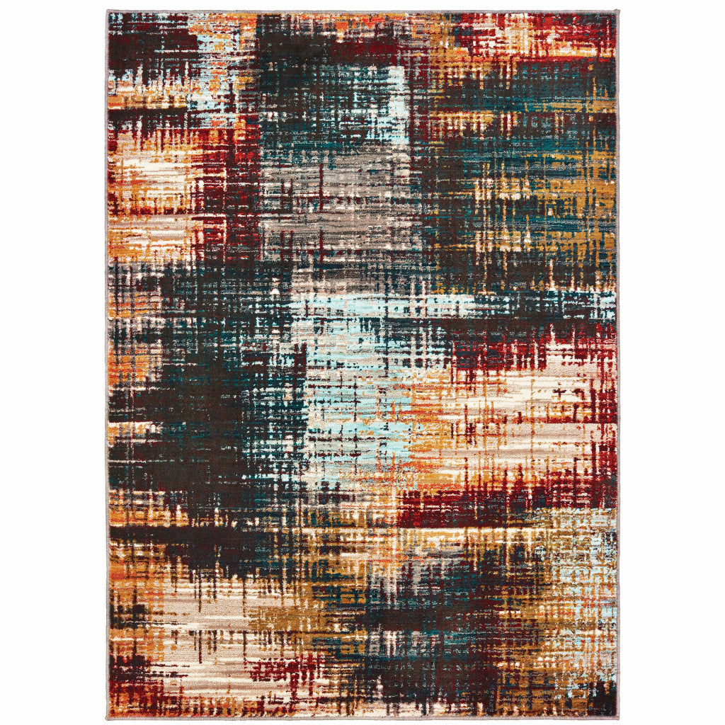 10 x 13 Blue Gold Red & Grey Power Loom Stain Resistant Rug