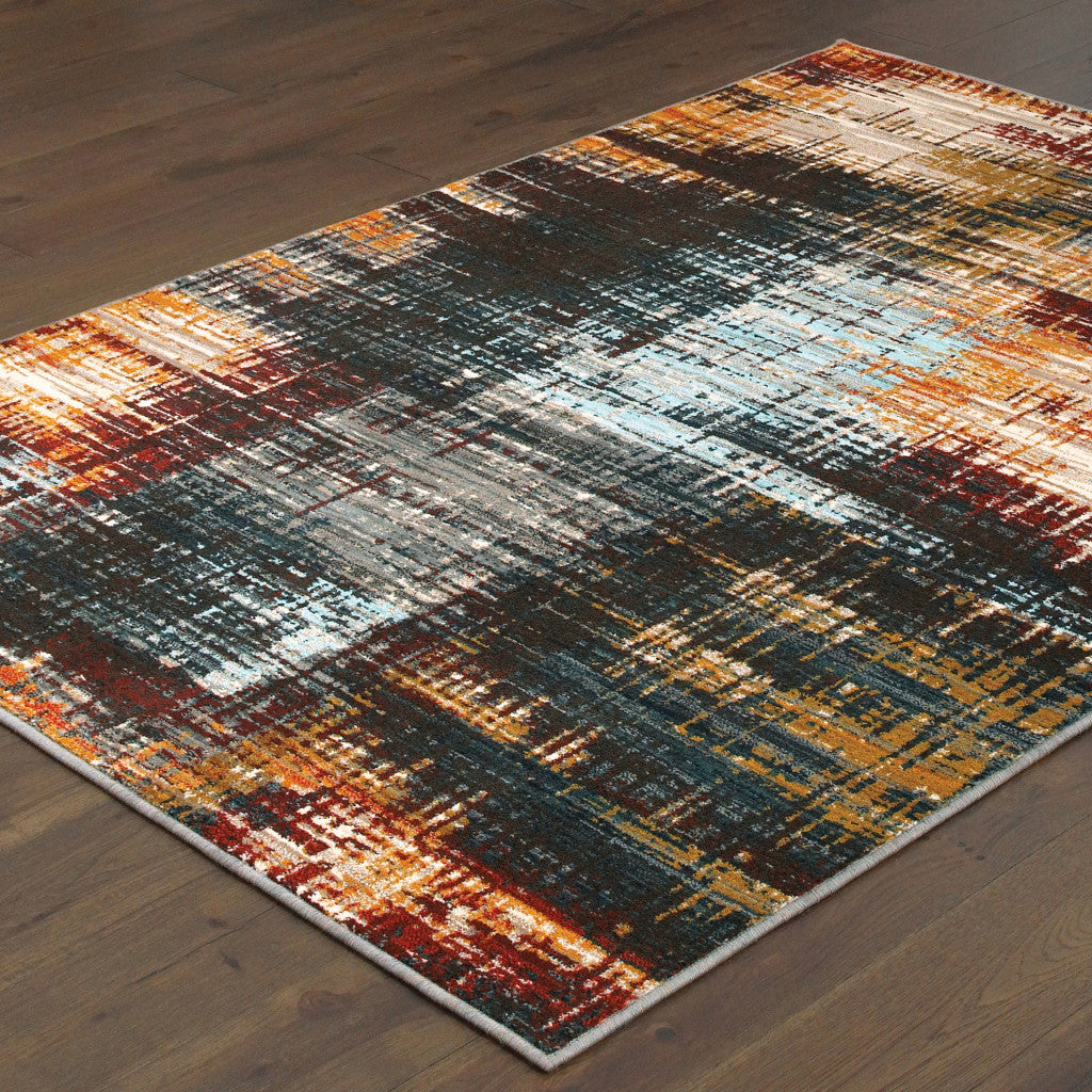 10 x 13 Blue Gold Red & Grey Power Loom Stain Resistant Rug