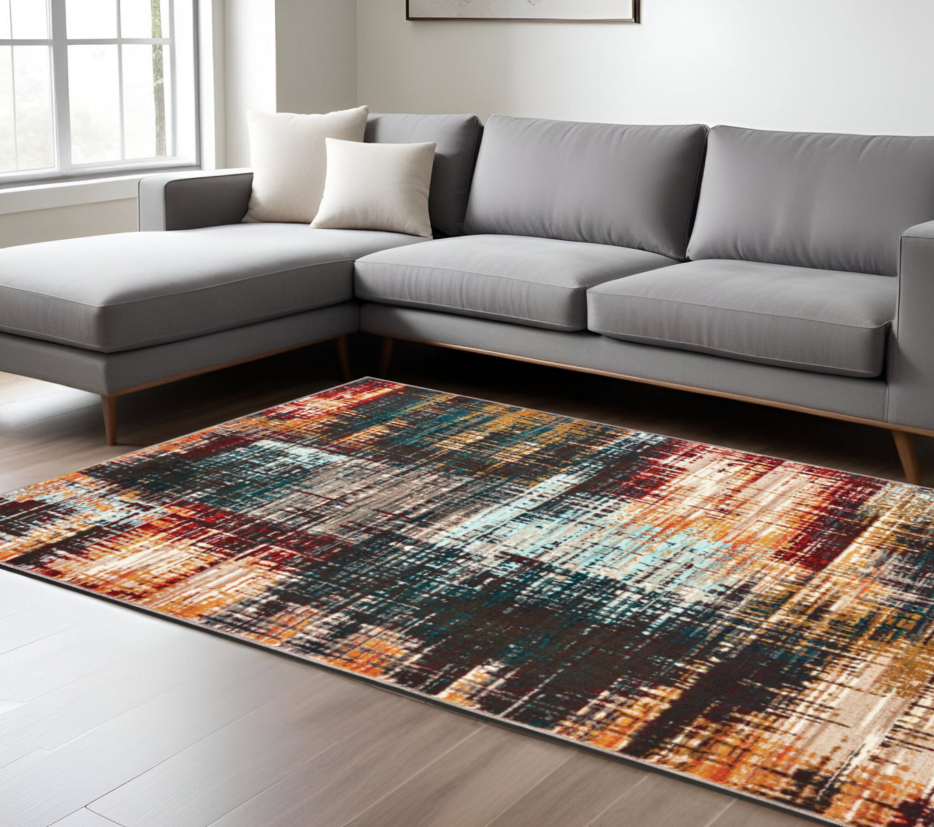 10 x 13 Blue Gold Red & Grey Power Loom Stain Resistant Rug