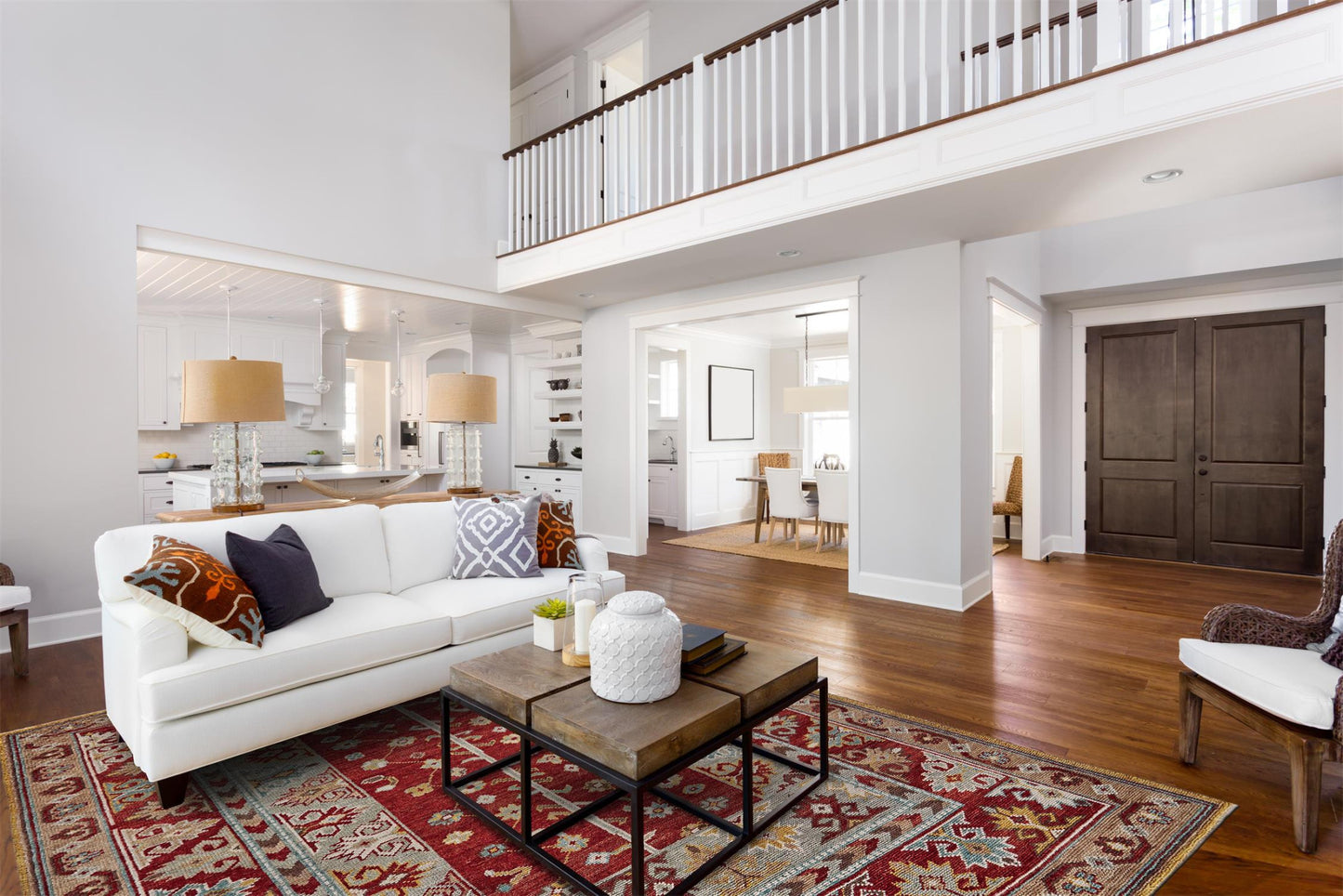 8 x 10 Red Blue & Brown Wool Floral Hand Knotted Distressed Stain Resistant Rug With Fringe