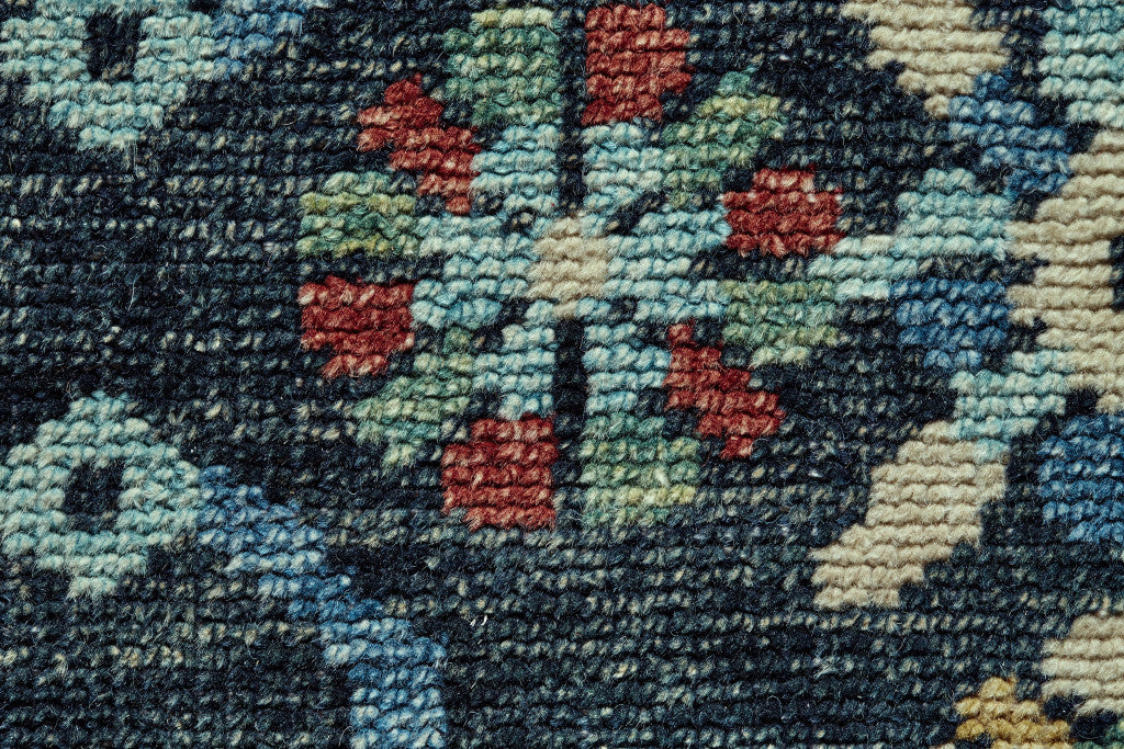 9 x 12 Blue Yellow & Red Wool Floral Hand Knotted Distressed Stain Resistant Rug With Fringe