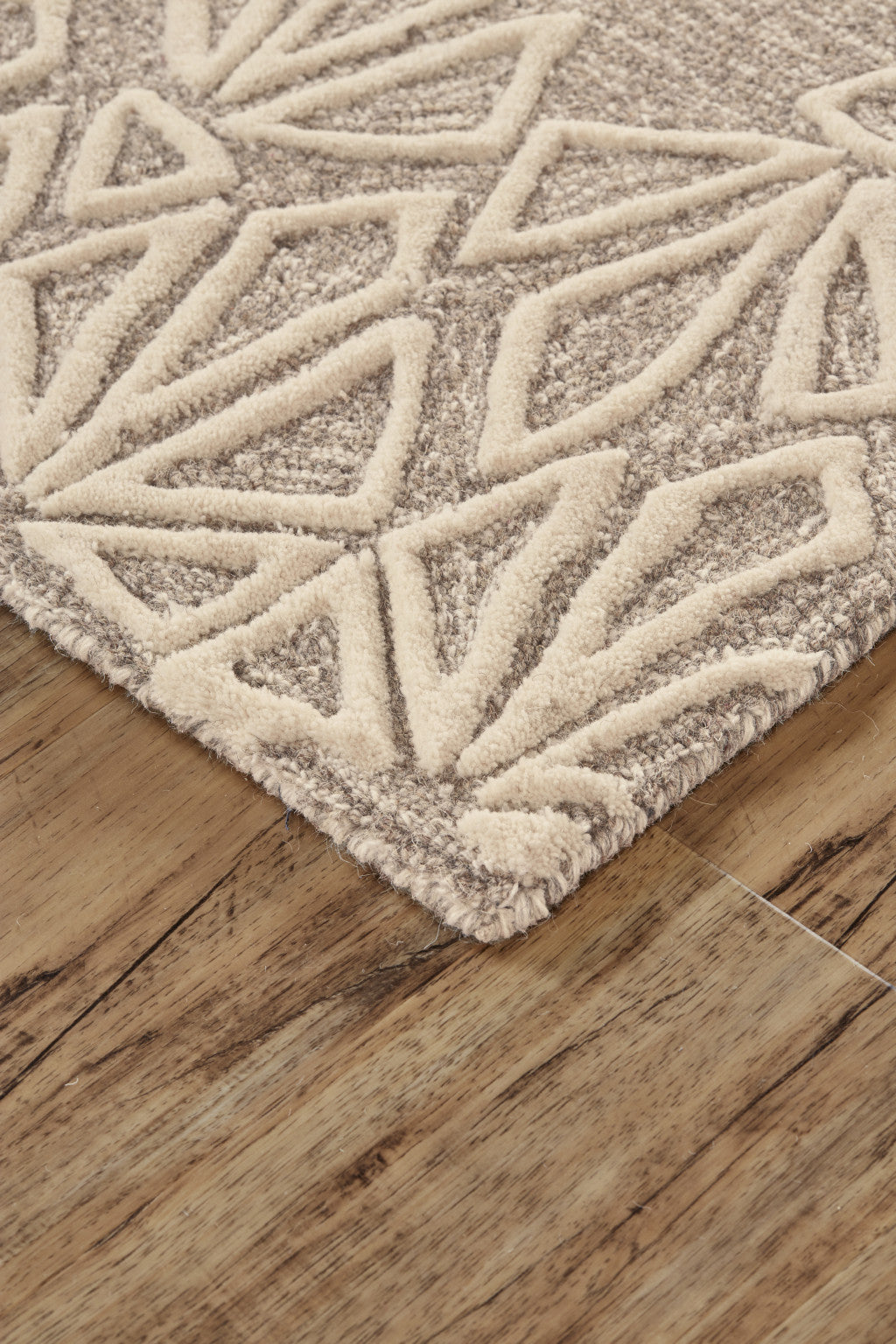 10 x 13 Tan & Ivory Wool Geometric Tufted Handmade Stain Resistant Rug