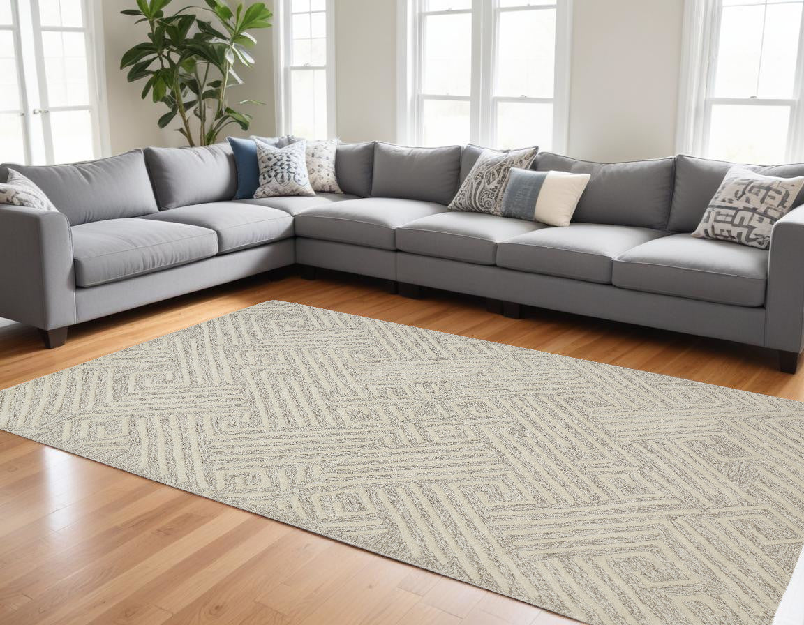 10 x 13 Tan & Ivory Wool Geometric Tufted Handmade Stain Resistant Rug