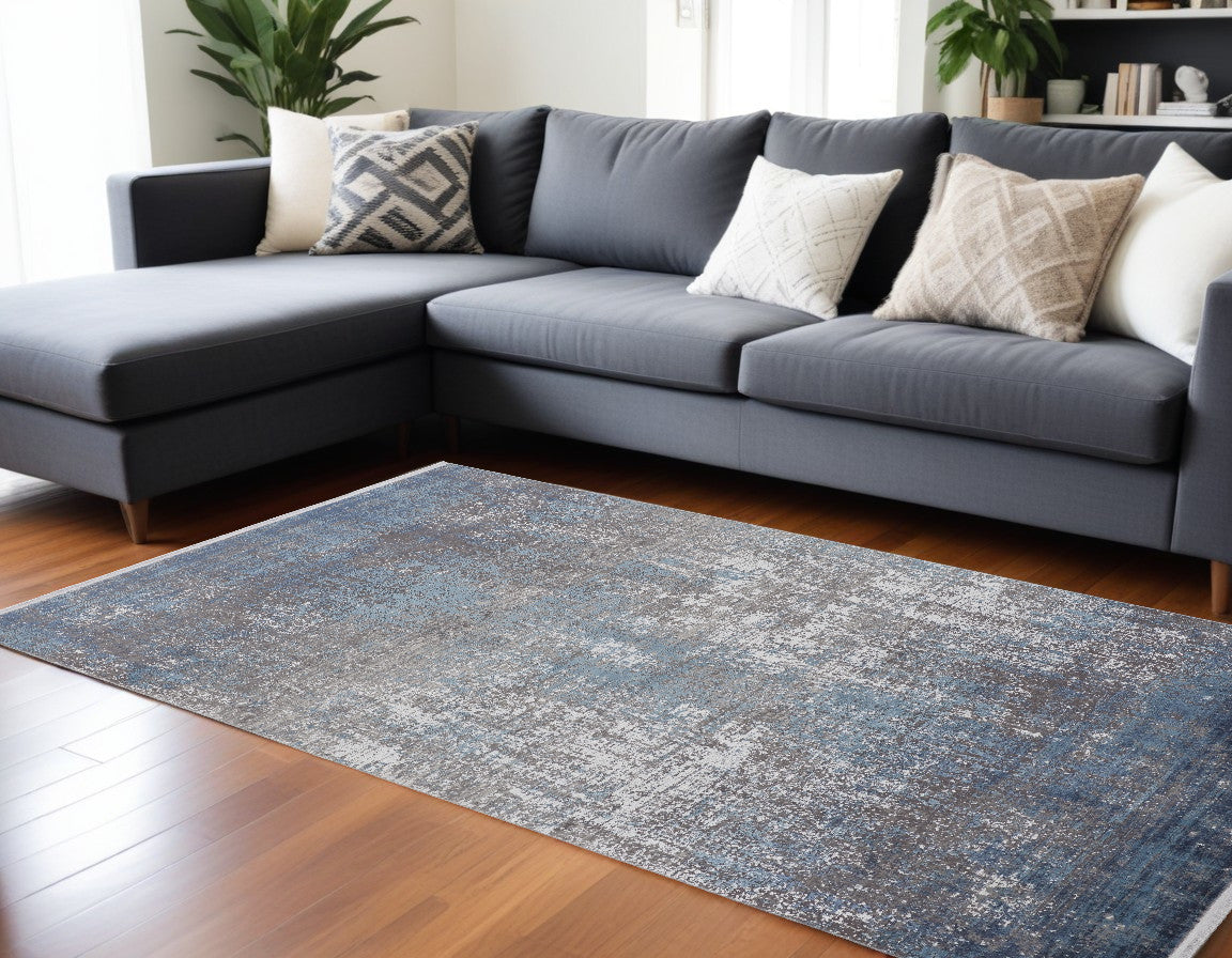 12 x 15 Blue Gray & Silver Power Loom Distressed Rug With Fringe