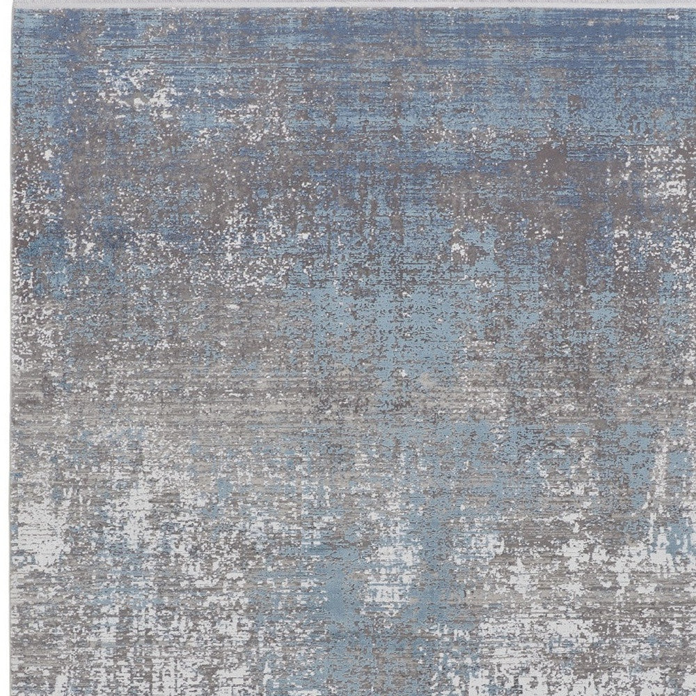 12 x 15 Blue Gray & Silver Power Loom Distressed Rug With Fringe