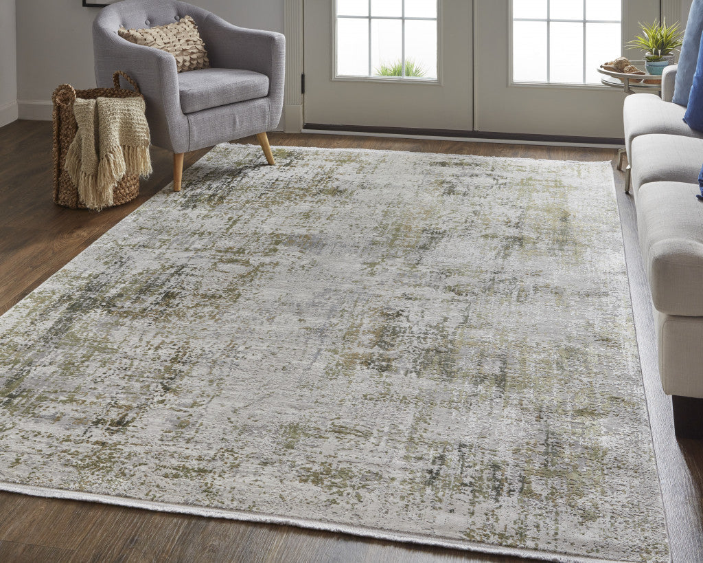 10 x 13 Green Gray & Ivory Rug With Fringe