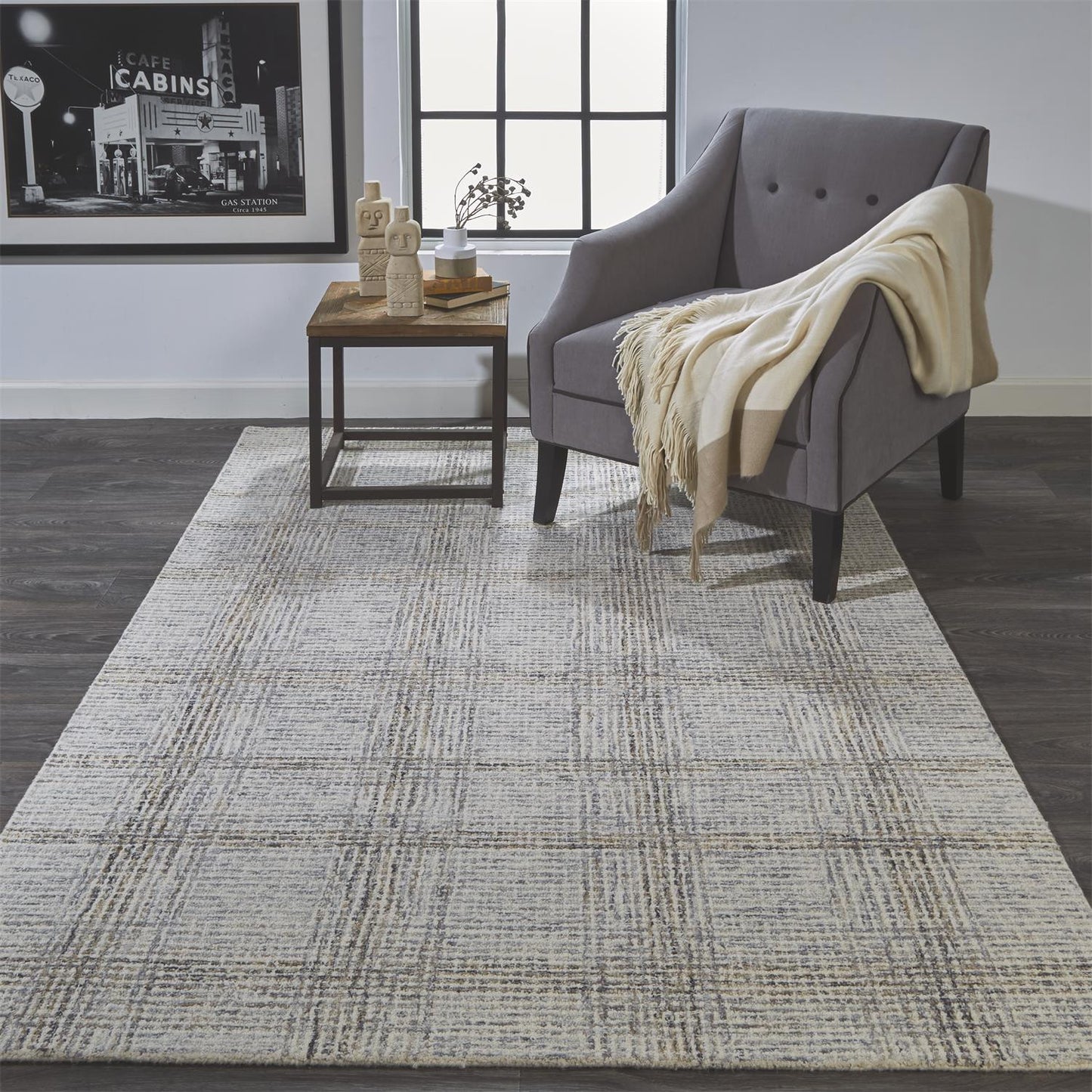 8 x 10 Ivory & Gray Wool Plaid Tufted Handmade Stain Resistant Rug
