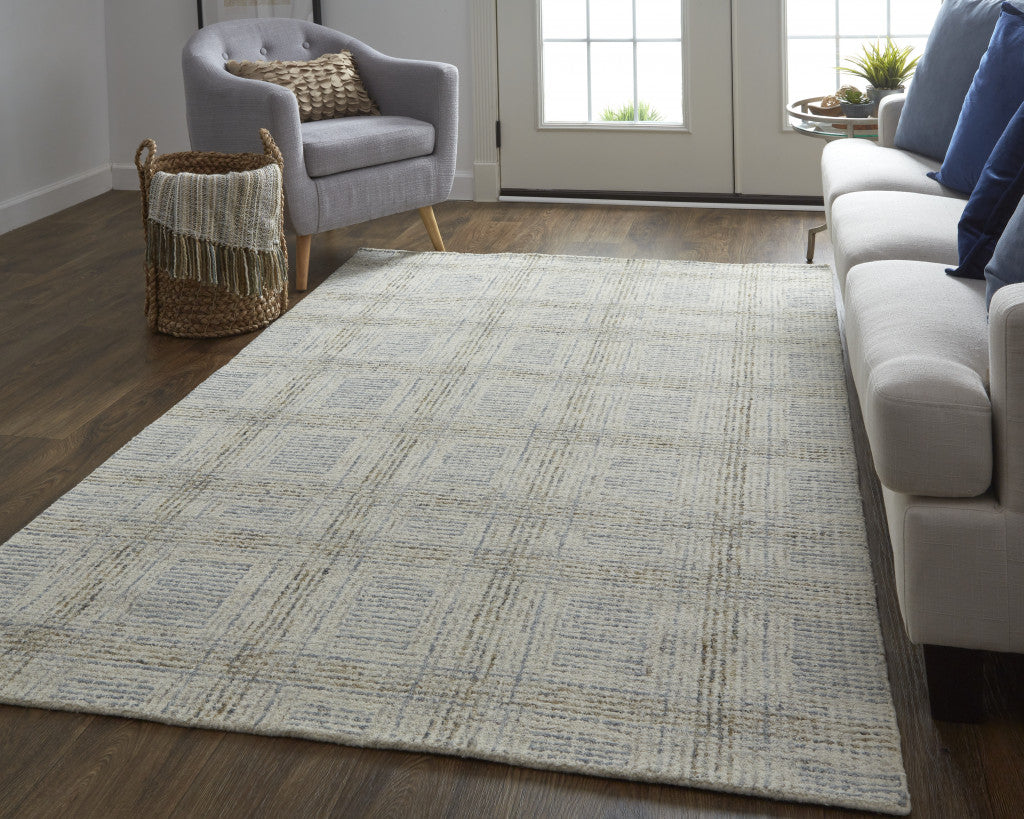 8 x 10 Ivory & Gray Wool Plaid Tufted Handmade Stain Resistant Rug
