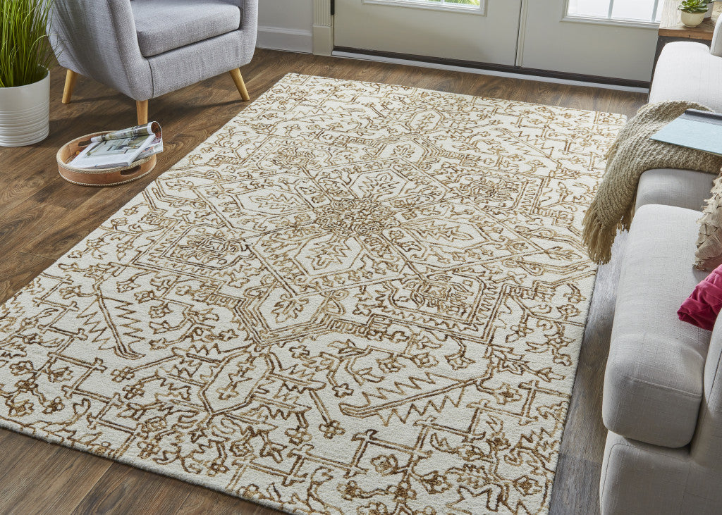 8 x 10 Ivory & Brown Wool Floral Tufted Handmade Stain Resistant Rug