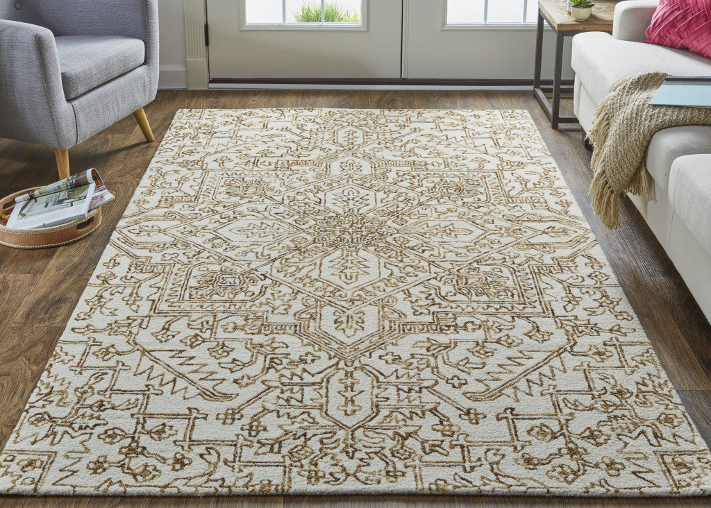 8 x 10 Ivory & Brown Wool Floral Tufted Handmade Stain Resistant Rug