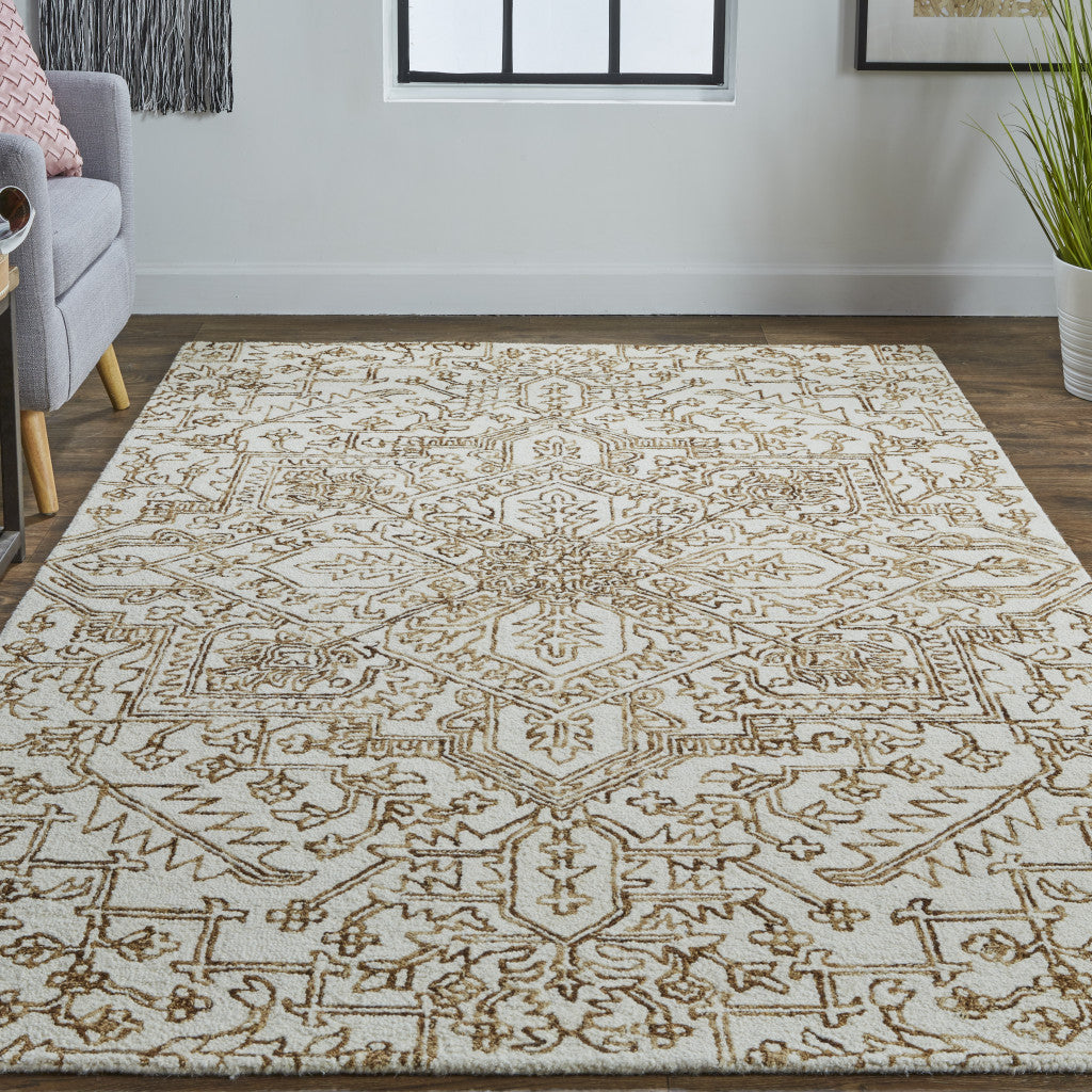 8 x 10 Ivory & Brown Wool Floral Tufted Handmade Stain Resistant Rug