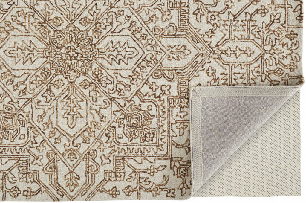 8 x 10 Ivory & Brown Wool Floral Tufted Handmade Stain Resistant Rug