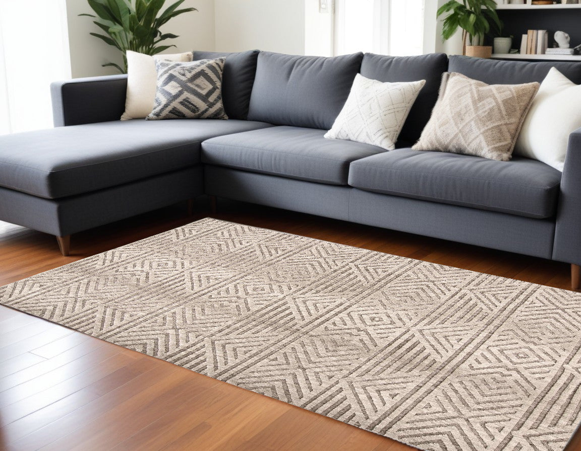 10 x 13 Tan Ivory & Brown Geometric Stain Resistant Rug