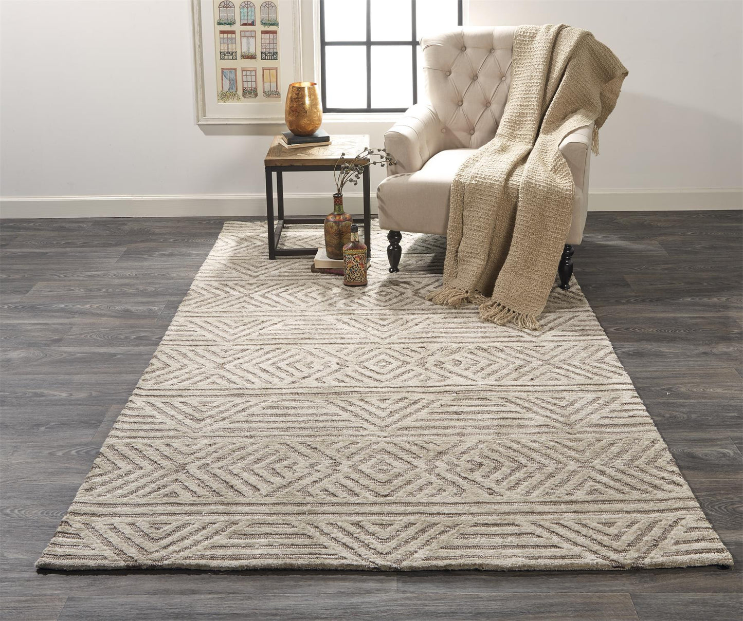 10 x 13 Tan Ivory & Brown Geometric Stain Resistant Rug