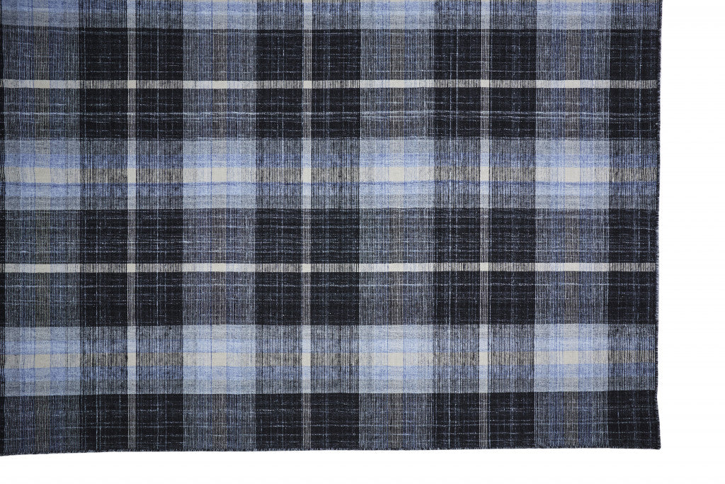 8 x 10 Black Blue & White Hand Woven Stain Resistant Rug