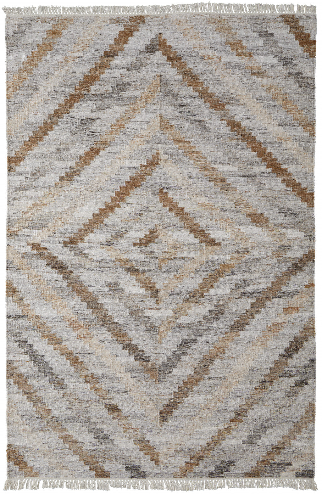10 x 13 Gray & Brown Geometric Hand Woven Rug With Fringe