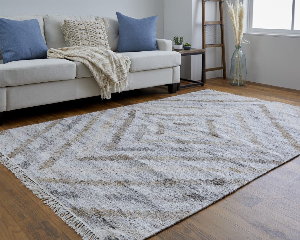 10 x 13 Gray & Brown Geometric Hand Woven Rug With Fringe