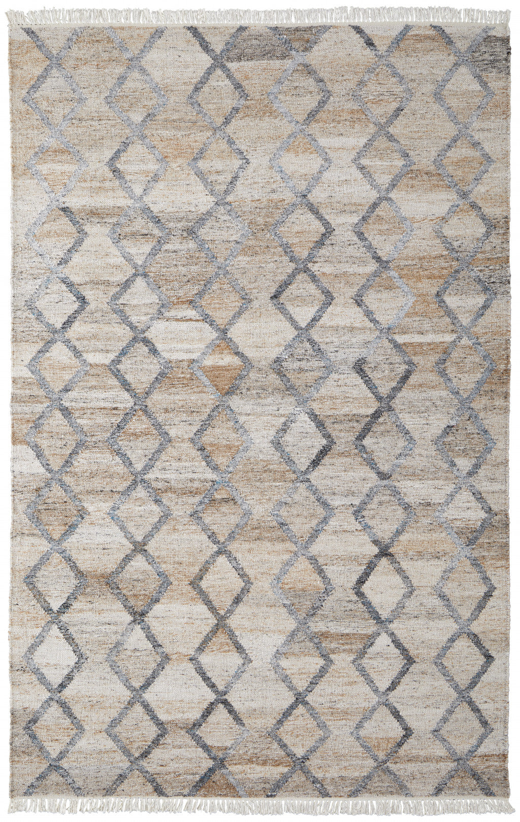 10 x 13 Gray Ivory & Tan Geometric Hand Woven Stain Resistant Rug With Fringe