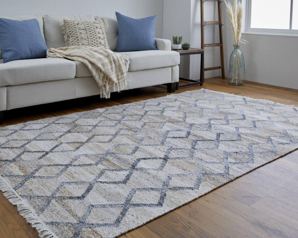 10 x 13 Gray Ivory & Tan Geometric Hand Woven Stain Resistant Rug With Fringe