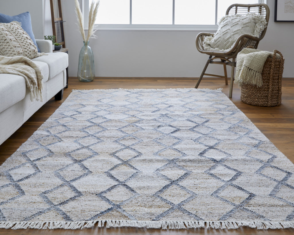 10 x 13 Gray Ivory & Tan Geometric Hand Woven Stain Resistant Rug With Fringe
