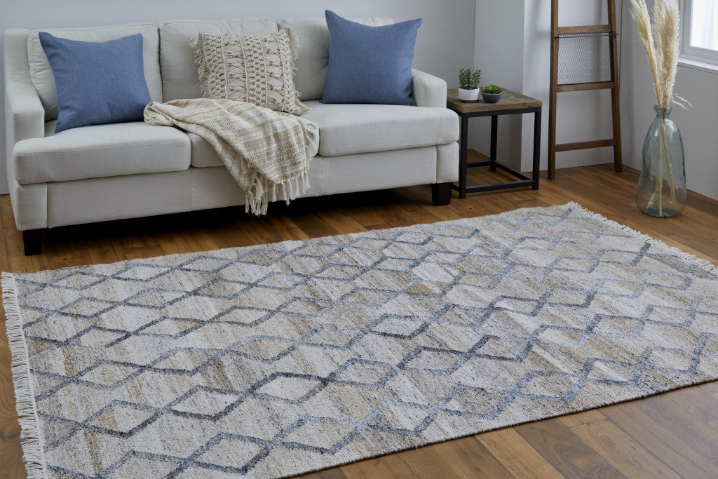 10 x 13 Gray Ivory & Tan Geometric Hand Woven Stain Resistant Rug With Fringe