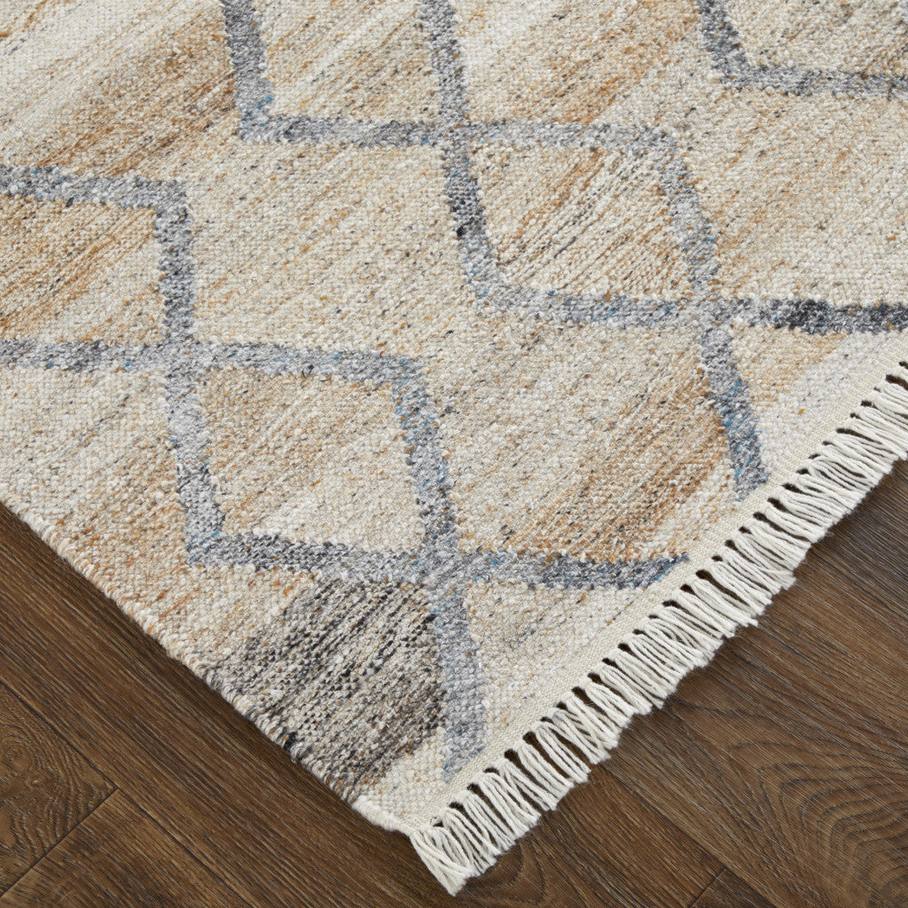 10 x 13 Gray Ivory & Tan Geometric Hand Woven Stain Resistant Rug With Fringe