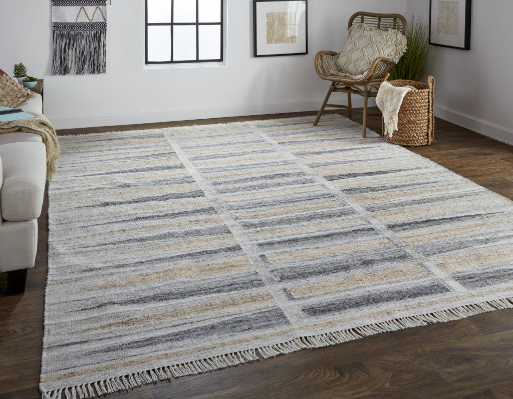 8 x 10 Tan Gray & Taupe Geometric Hand Woven Stain Resistant Rug With Fringe
