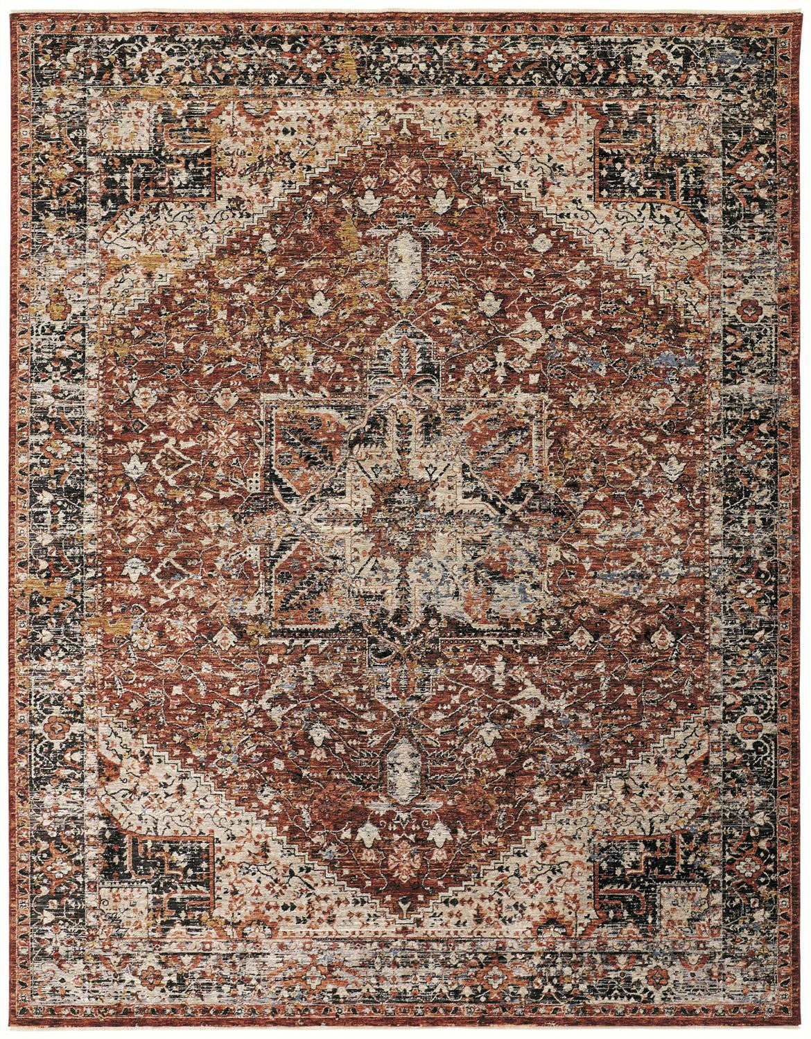 8 x 10 Red Ivory & Black Distressed Rug With Fringe