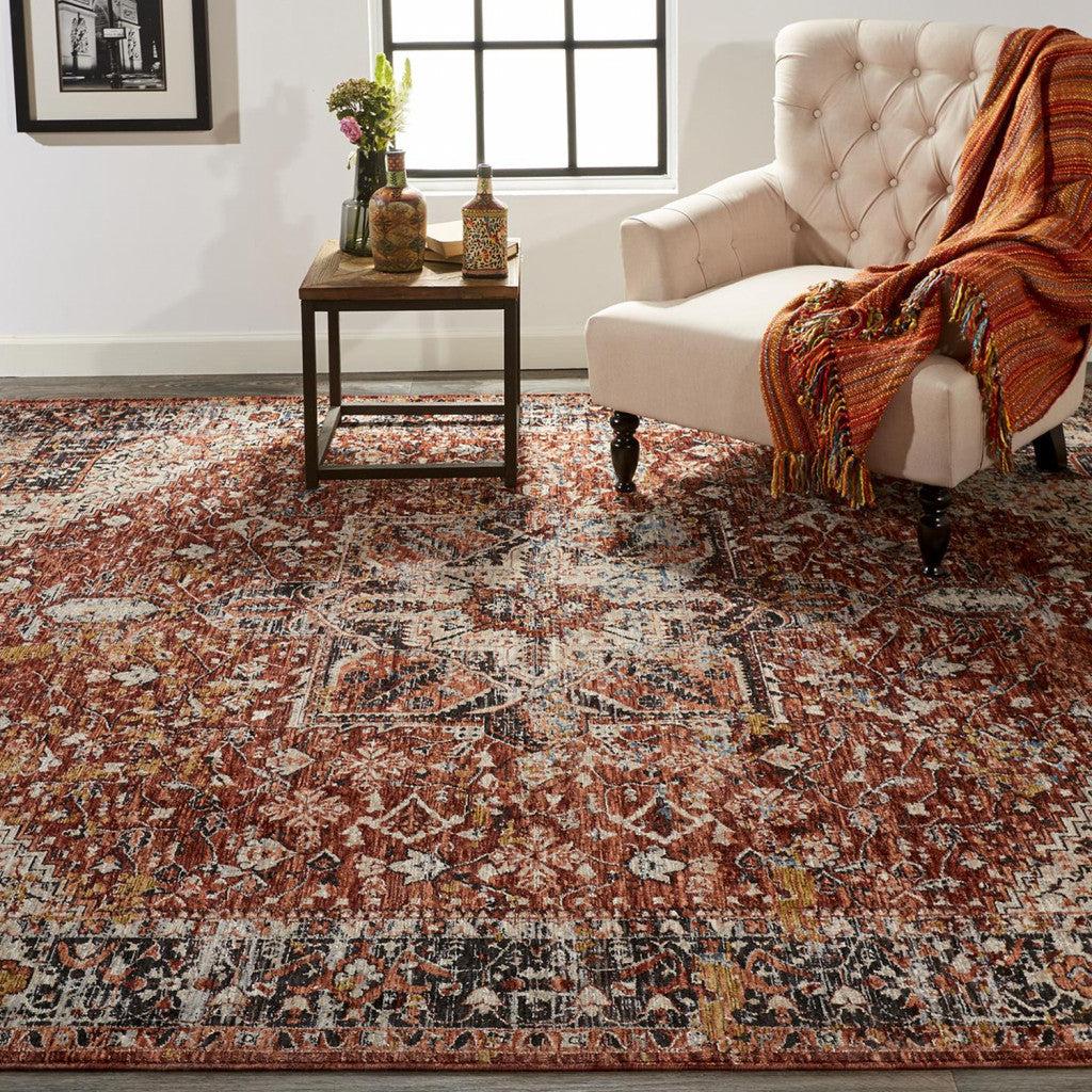 8 x 10 Red Ivory & Black Distressed Rug With Fringe