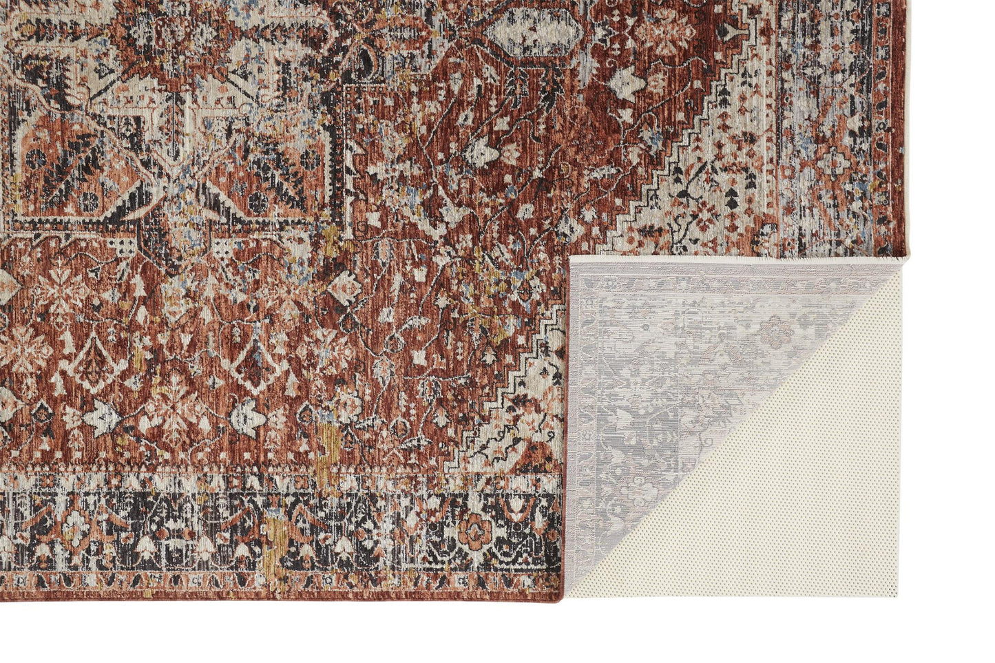 8 x 10 Red Ivory & Black Distressed Rug With Fringe