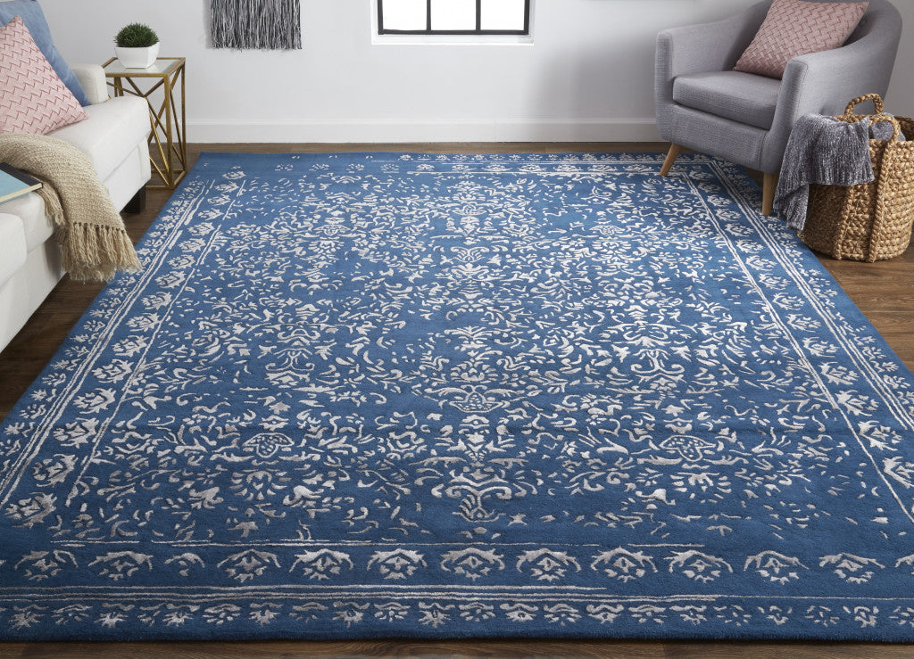 8 x 10 Blue & Silver Wool Floral Tufted Handmade Distressed Rug