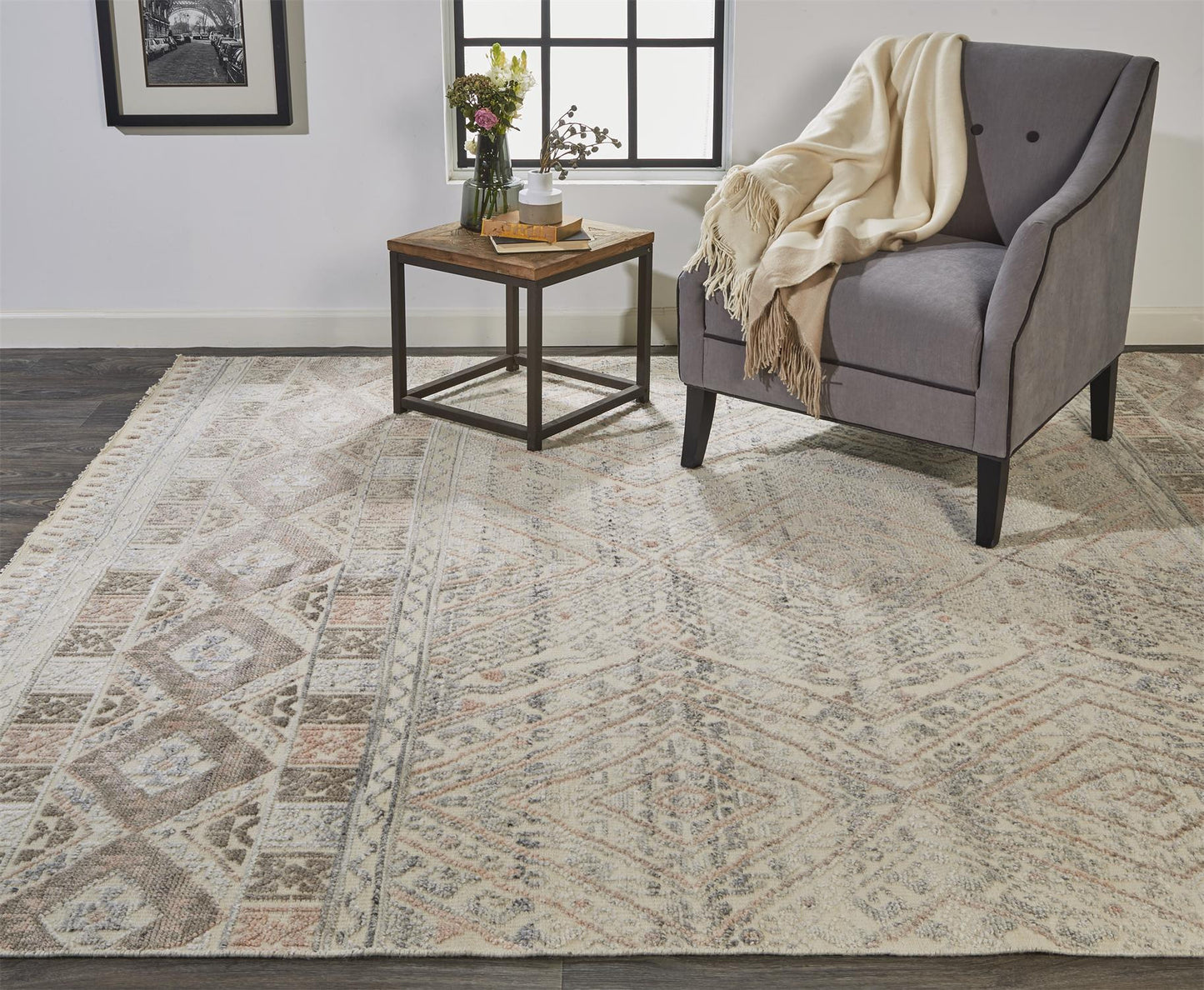 12 x 15 Gray Ivory & Pink Geometric Hand Knotted Rug