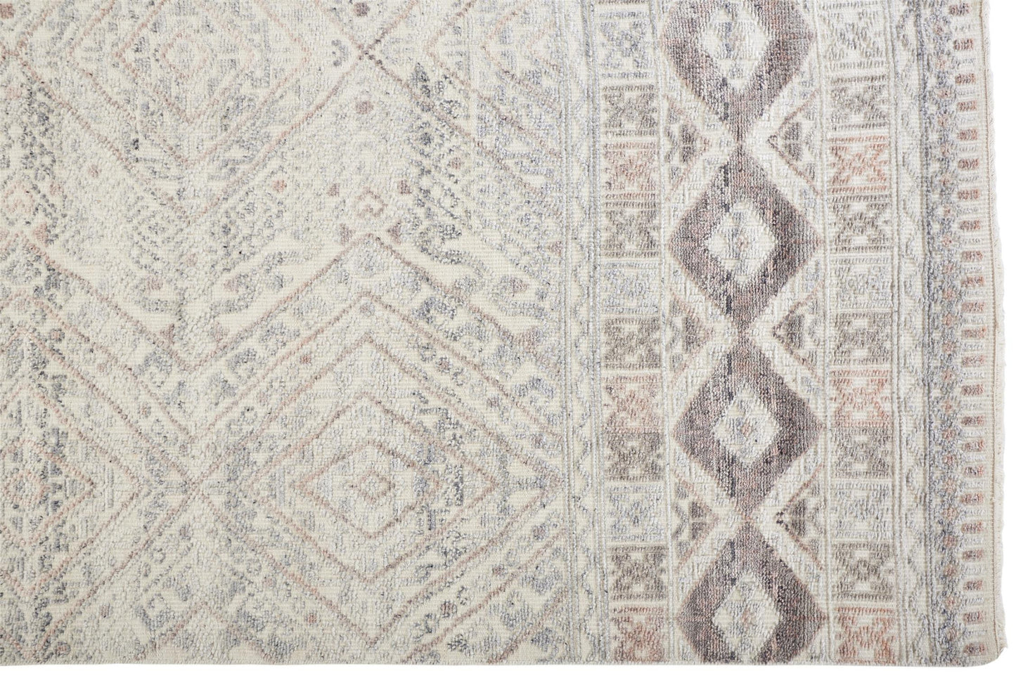 12 x 15 Gray Ivory & Pink Geometric Hand Knotted Rug