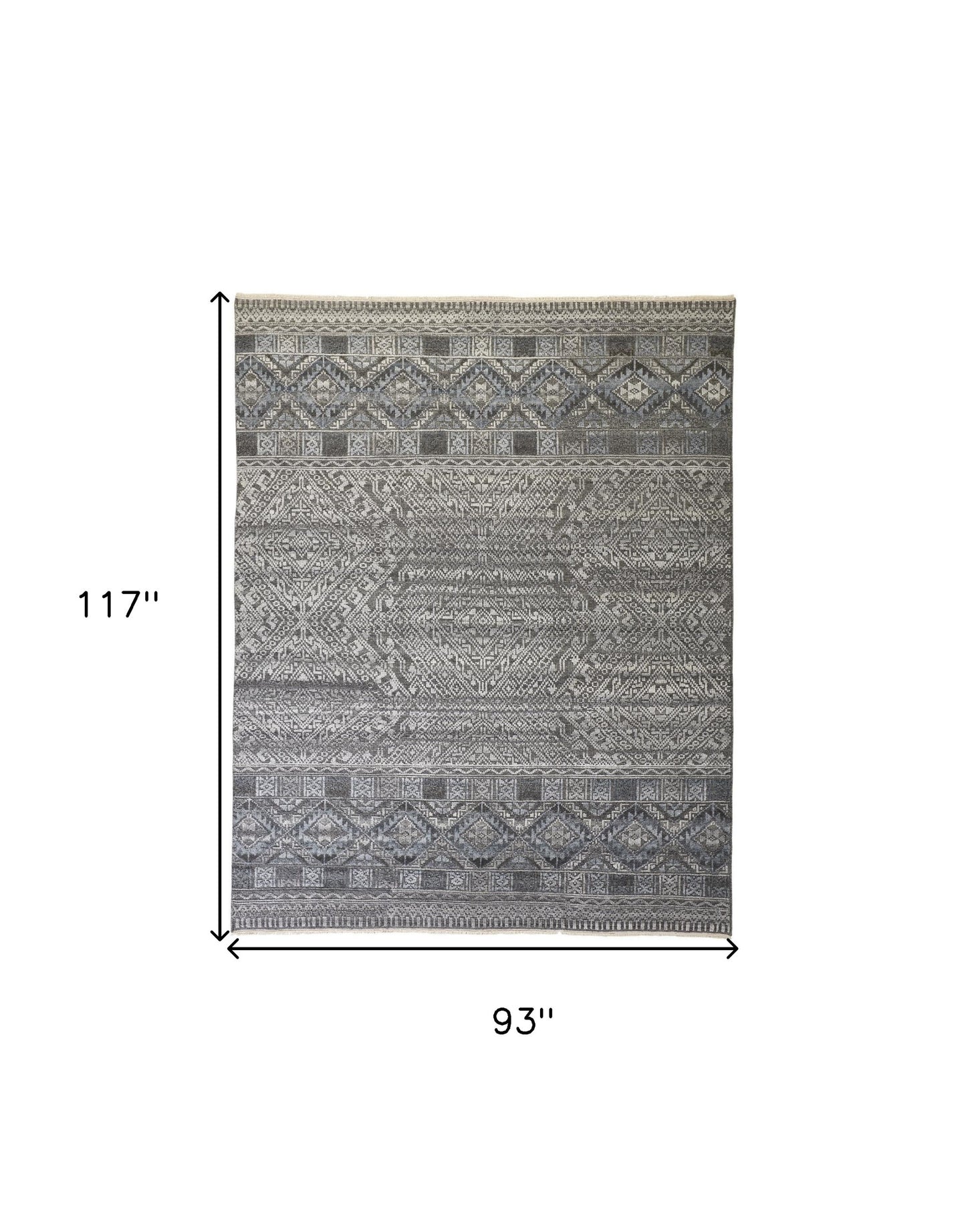 8 x 10 Gray Ivory & Blue Geometric Hand Knotted Rug